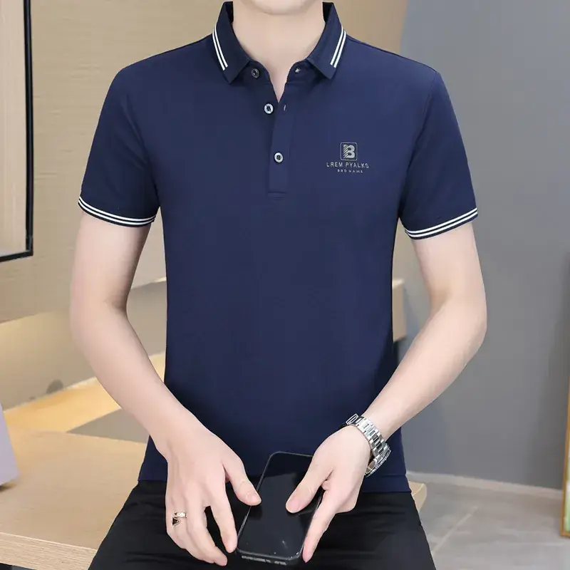 Men's Navy Blue Polo Shirt with White Trim 2024 Summer