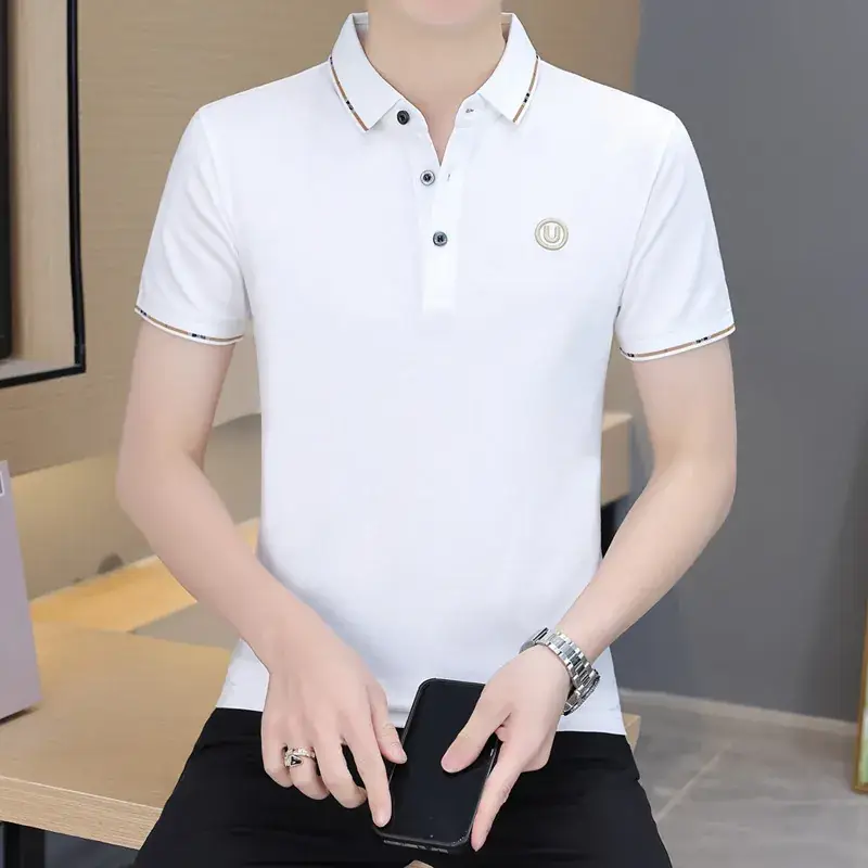 Men's Navy Blue Polo Shirt with White Trim 2024 Summer