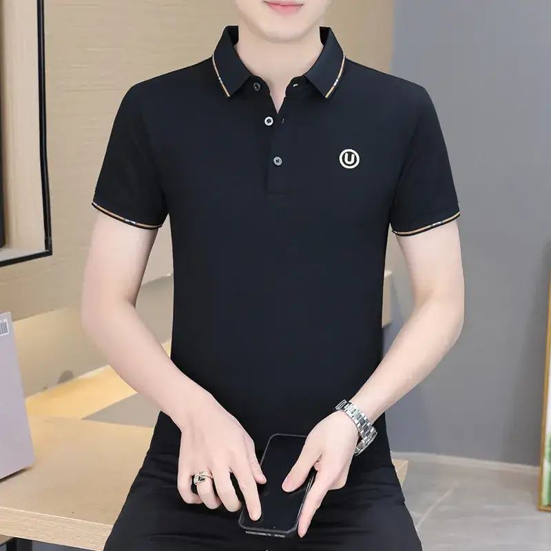 Men's Navy Blue Polo Shirt with White Trim 2024 Summer
