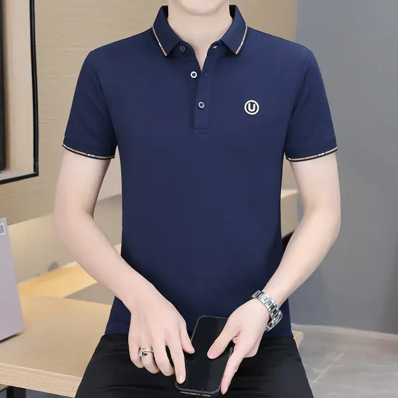 Men's Navy Blue Polo Shirt with White Trim 2024 Summer