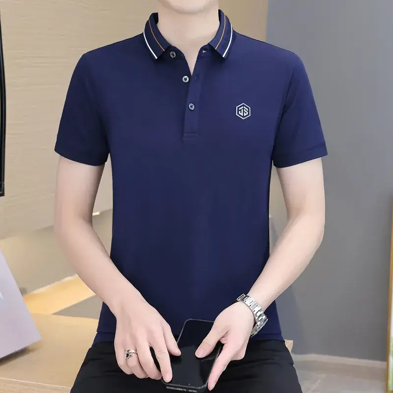 Men's Navy Blue Polo Shirt with White Trim 2024 Summer
