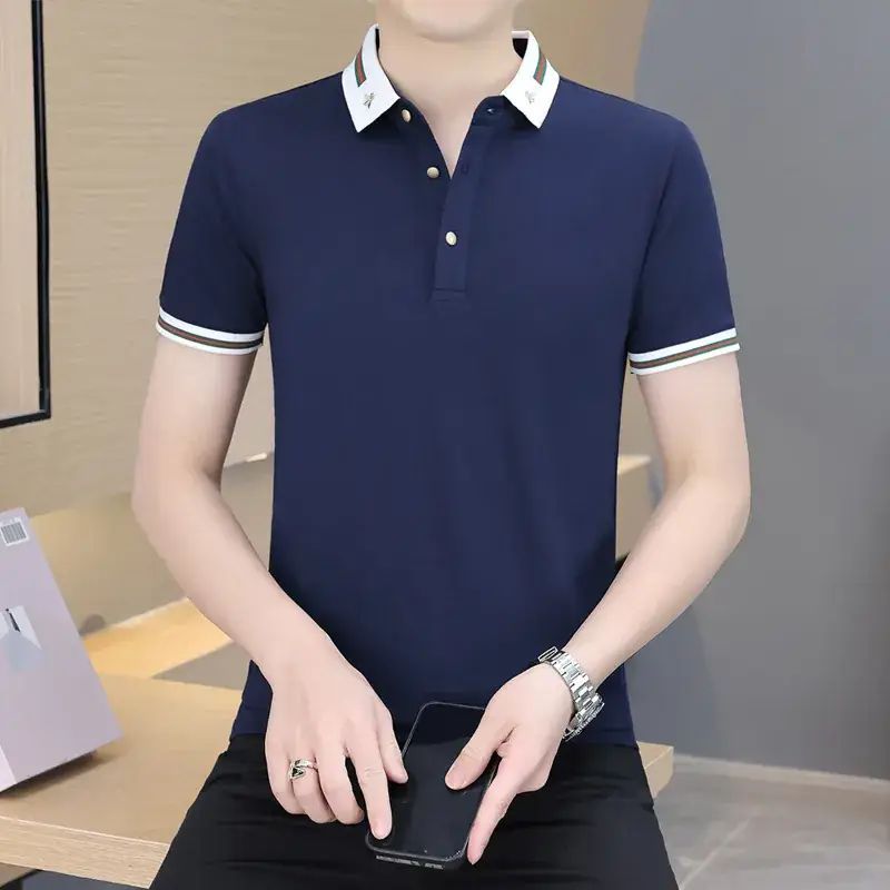 Men's Navy Blue Polo Shirt with White Trim 2024 Summer