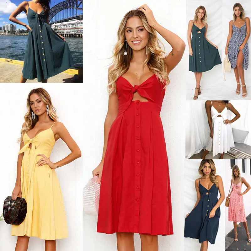 Sexy Button Backless Bow Dress Navy Blue