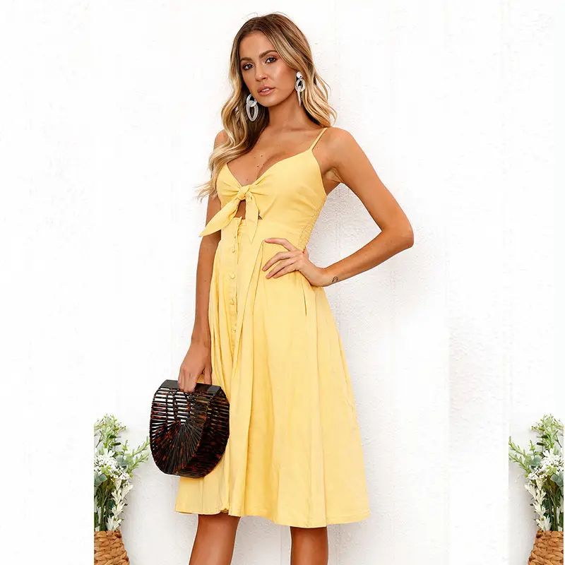 Sexy Button Backless Bow Dress Navy Blue