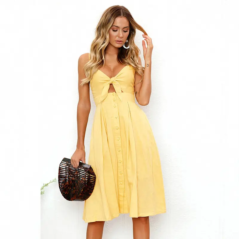 Sexy Button Backless Bow Dress Navy Blue