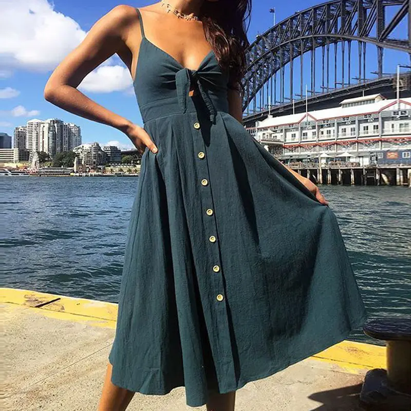 Sexy Button Backless Bow Dress Navy Blue