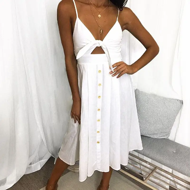 Sexy Button Backless Bow Dress Navy Blue