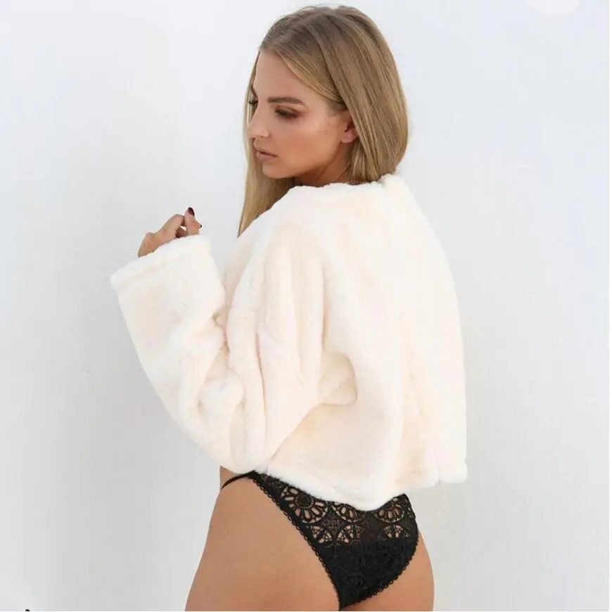 Women Plush Crewneck Sweatshirt White Pink Fur