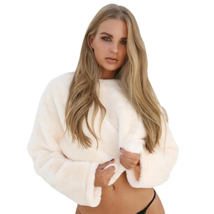 Women Plush Crewneck Sweatshirt White Pink Fur