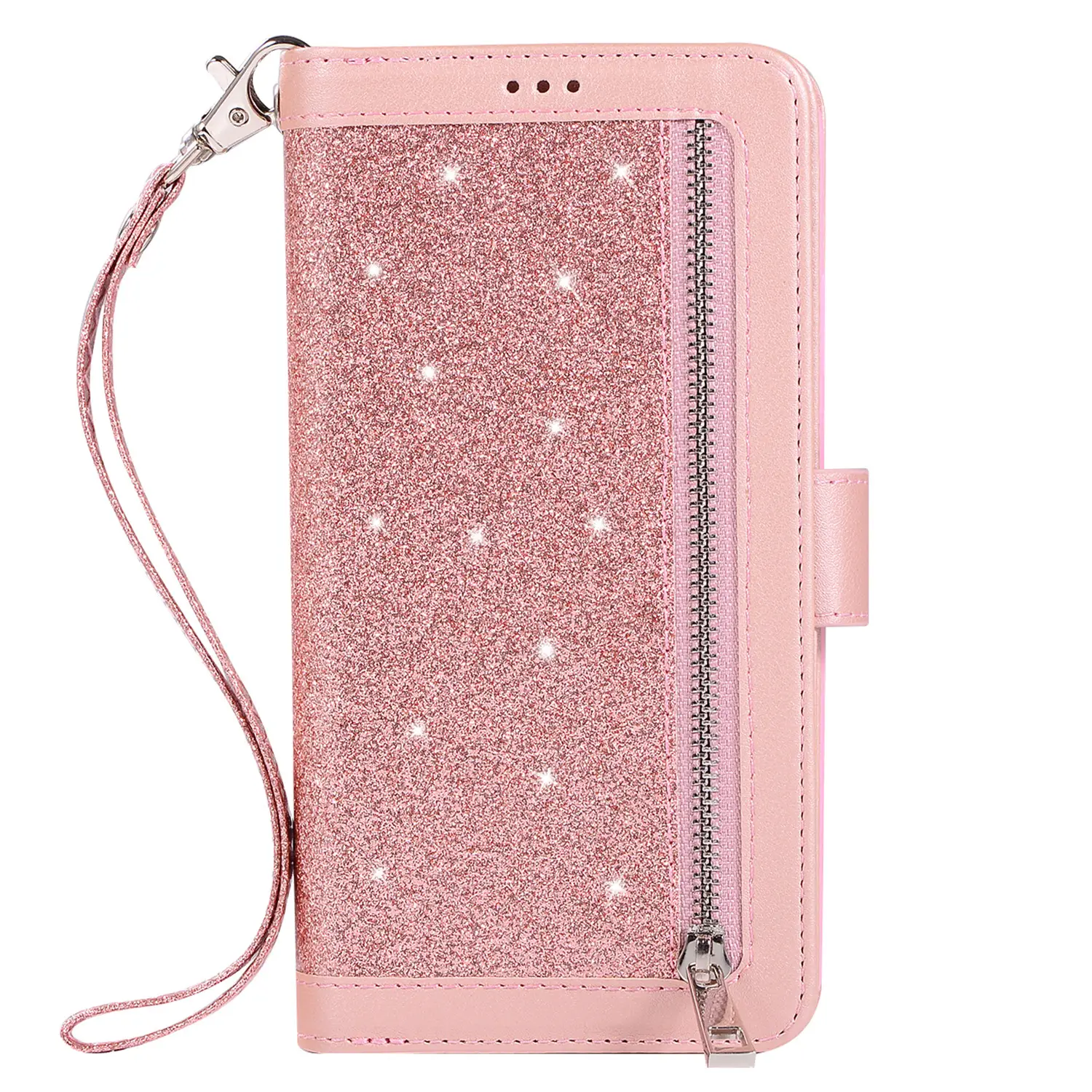 Pink Leather 9-Card Mobile Phone Case with Glitter Finish - Image 8