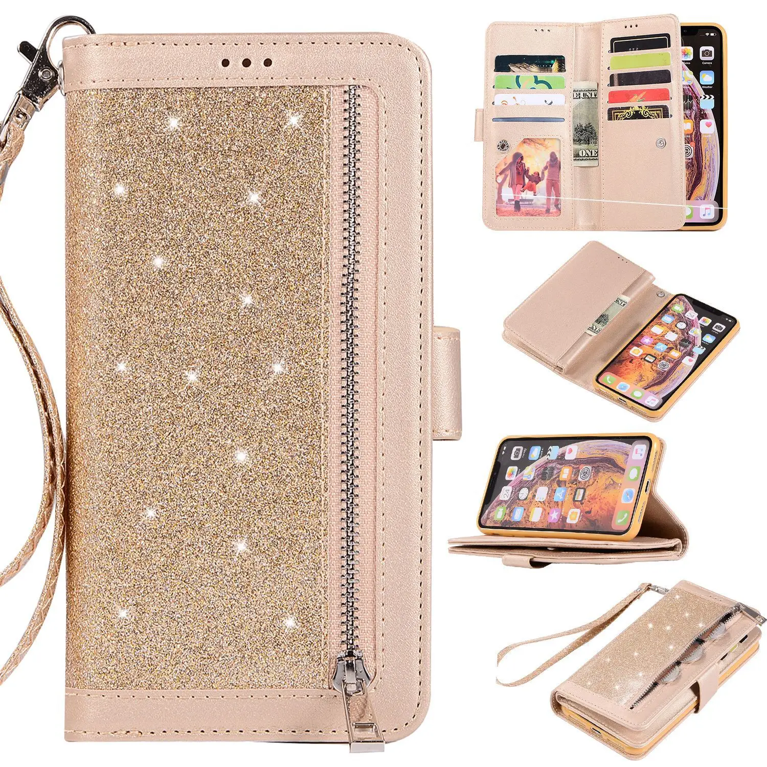 Pink Leather 9-Card Mobile Phone Case with Glitter Finish - Image 2