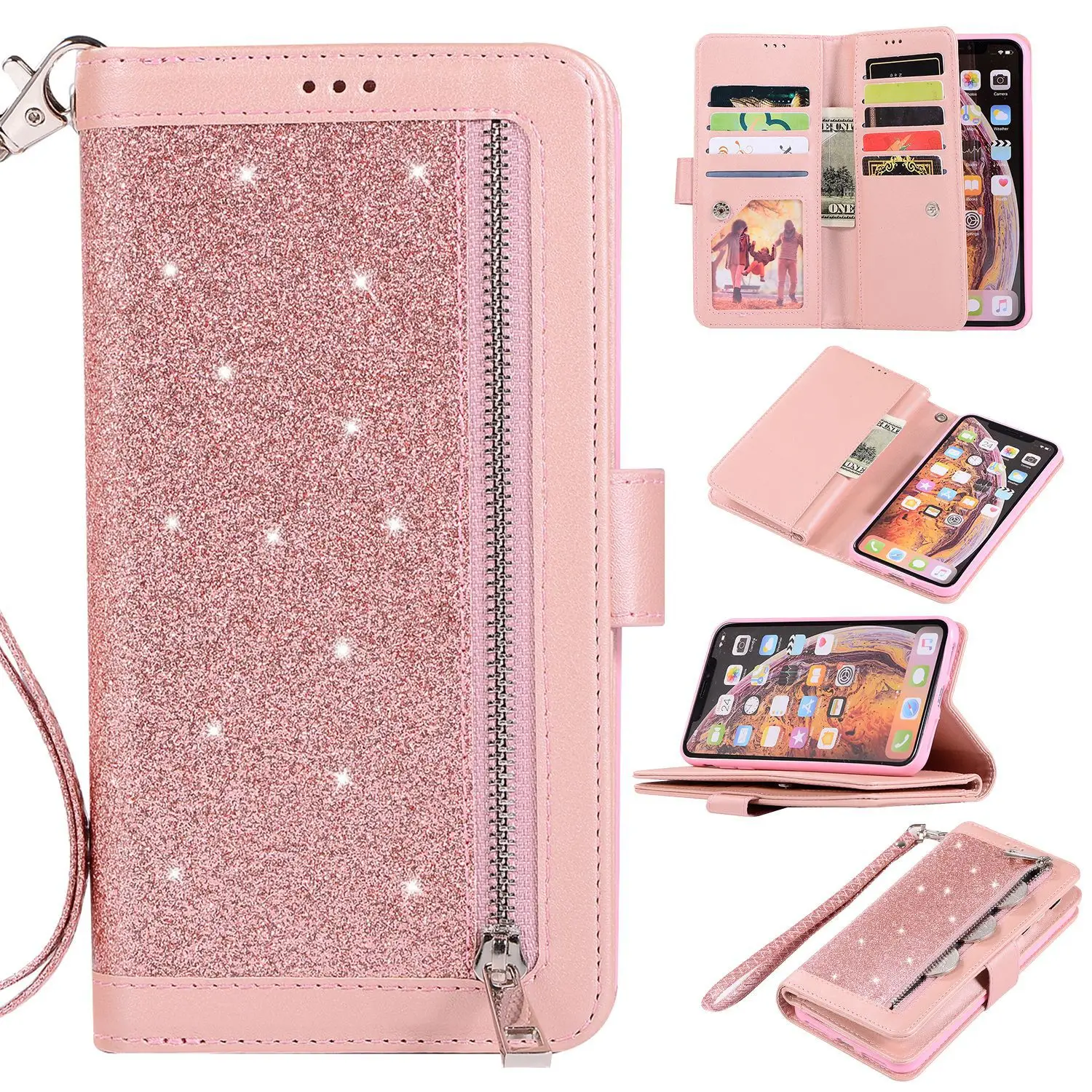 Pink Leather 9-Card Mobile Phone Case with Glitter Finish - Image 4