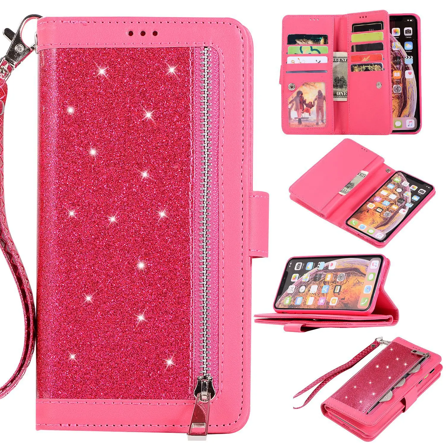 Pink Leather 9-Card Mobile Phone Case with Glitter Finish - Image 6