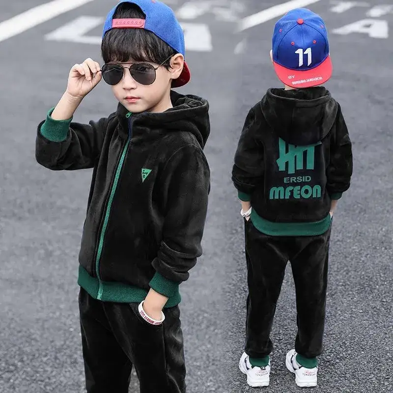Kids Velvet 2-Piece Hooded Suit Blue Green 2025 - Image 3