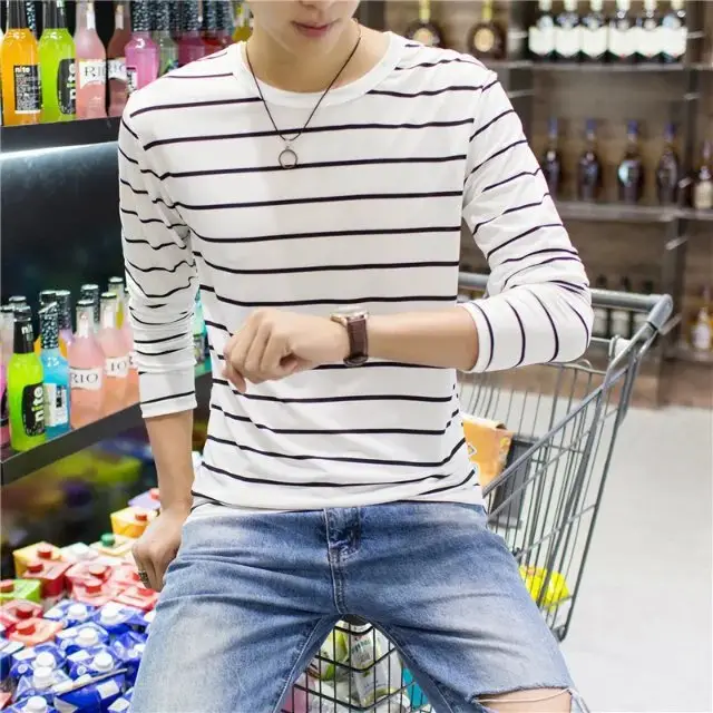 Men Long Sleeve Striped Crewneck T-Shirt 2018 - Image 6