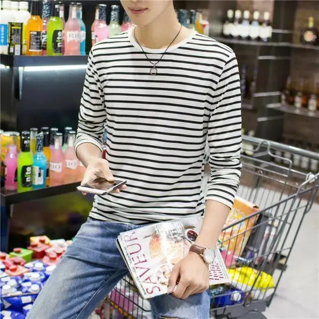 Men Long Sleeve Striped Crewneck T-Shirt 2018 - Image 8