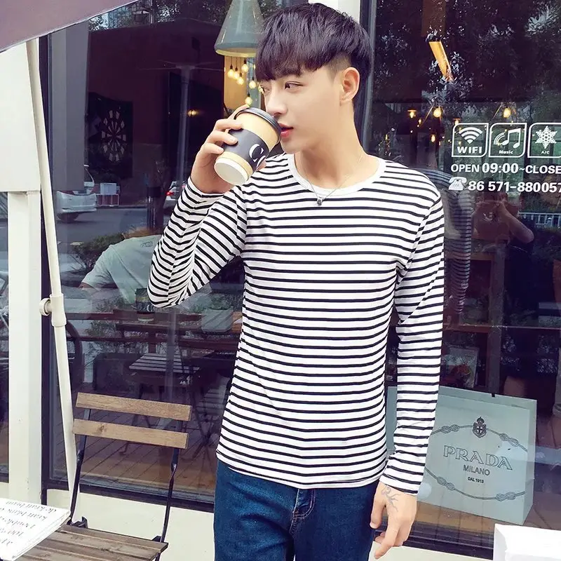 Men Long Sleeve Striped Crewneck T-Shirt 2018 - Image 3