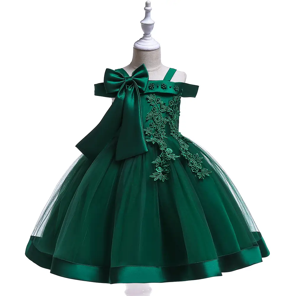 Red Beaded Flower Off-Shoulder Strap Dress for Girls - Image 2