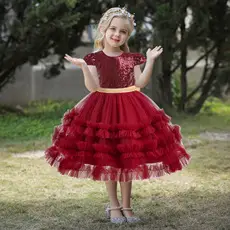 Red Beaded Flower Off-Shoulder Strap Dress for Girls — feature 7