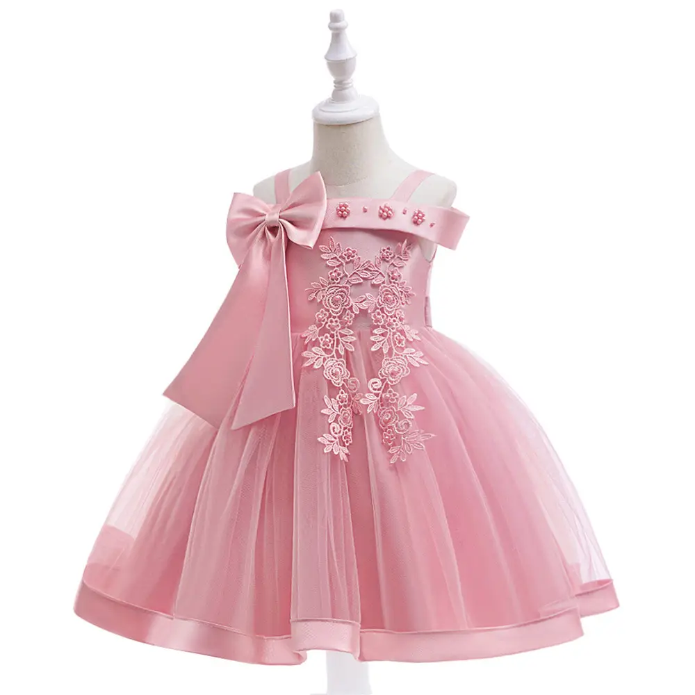 Red Beaded Flower Off-Shoulder Strap Dress for Girls - Image 10