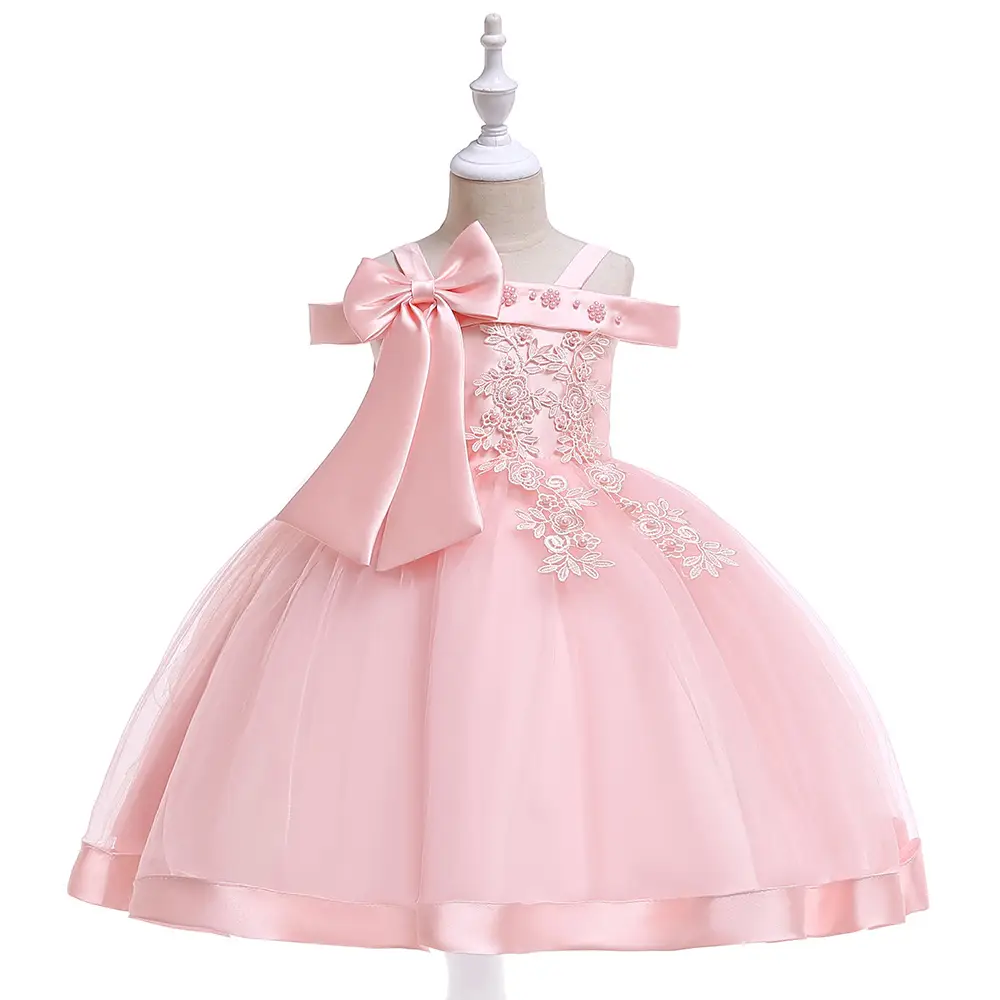 Red Beaded Flower Off-Shoulder Strap Dress for Girls - Image 4