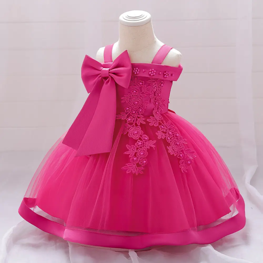 Red Beaded Flower Off-Shoulder Strap Dress for Girls - Image 9