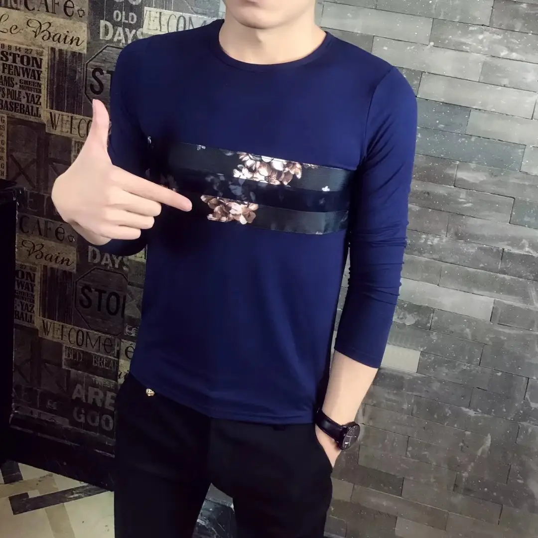 Men Navy Blue Graphic Long Sleeve T-Shirt White - Image 8