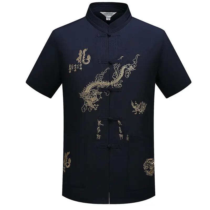 Ethnic Men's Short-sleeved Tang Suit White Gold Dragon - Image 17