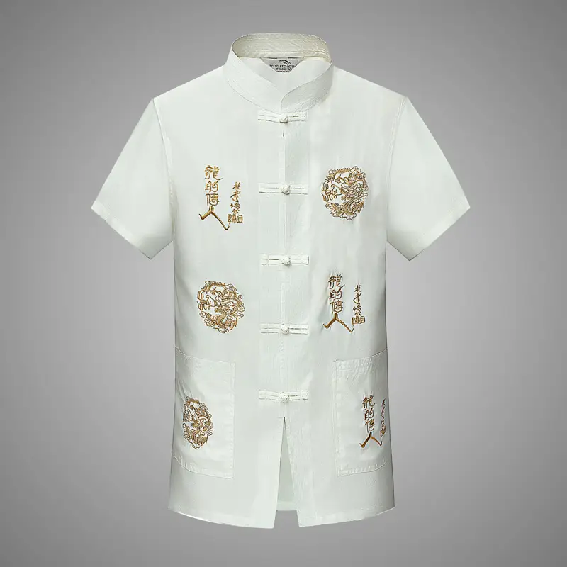 Ethnic Men's Short-sleeved Tang Suit White Gold Dragon - Image 11