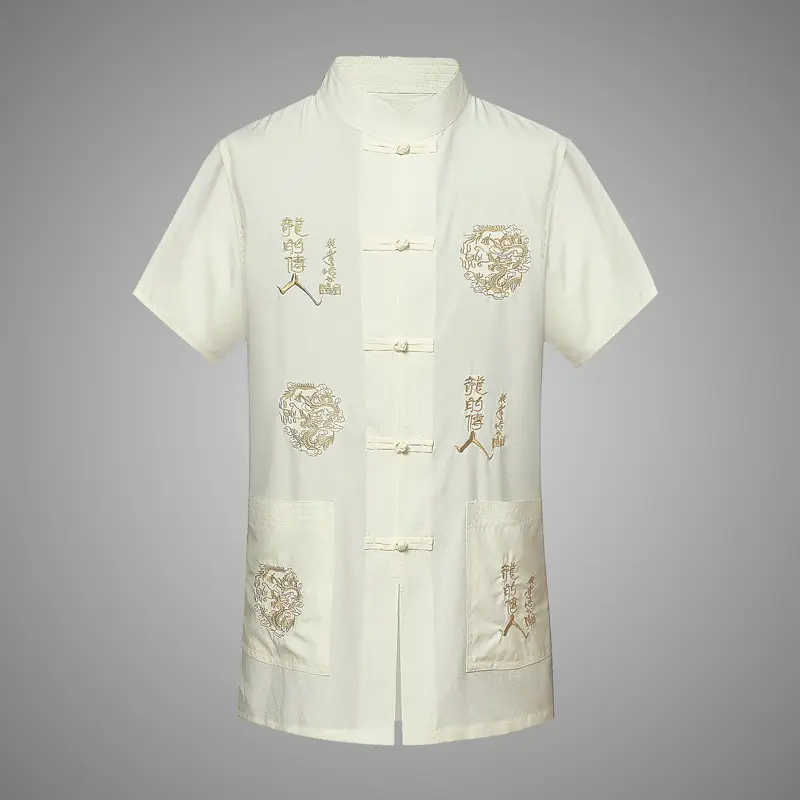 Ethnic Men's Short-sleeved Tang Suit White Gold Dragon - Image 4