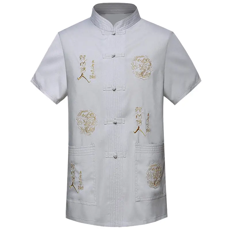 Ethnic Men's Short-sleeved Tang Suit White Gold Dragon - Image 6