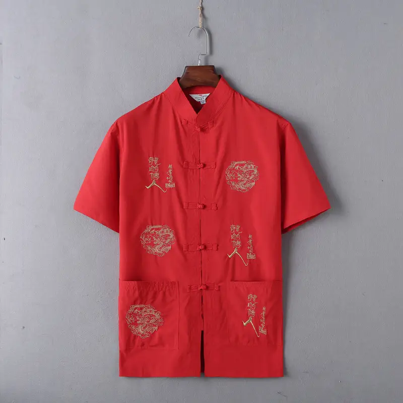 Ethnic Men's Short-sleeved Tang Suit White Gold Dragon - Image 7