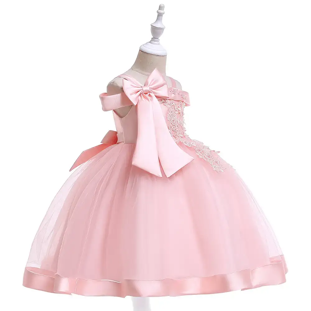 Pink Off-Shoulder Princess Bow Evening Dress for Girls - Image 7