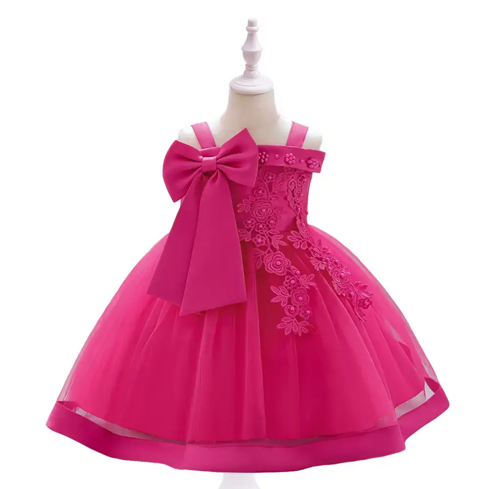Pink Off-Shoulder Princess Bow Evening Dress for Girls - Image 9