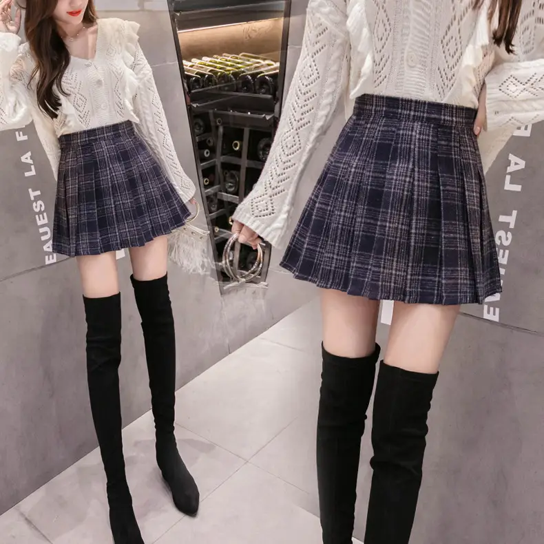 Women Wool Plaid Pleated Skirt Set Winter College - Image 2