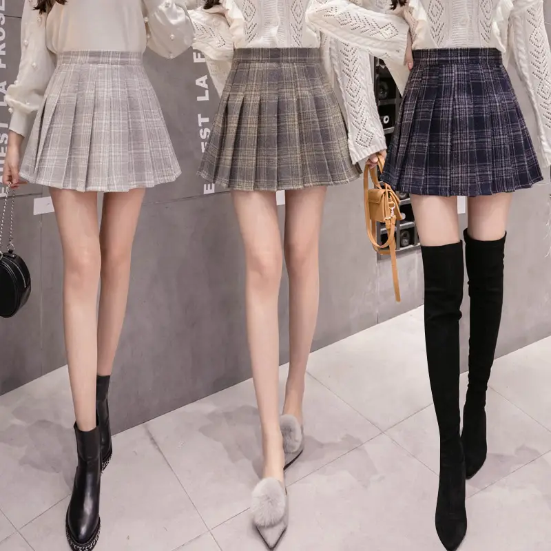 Women Wool Plaid Pleated Skirt Set Winter College - Image 4