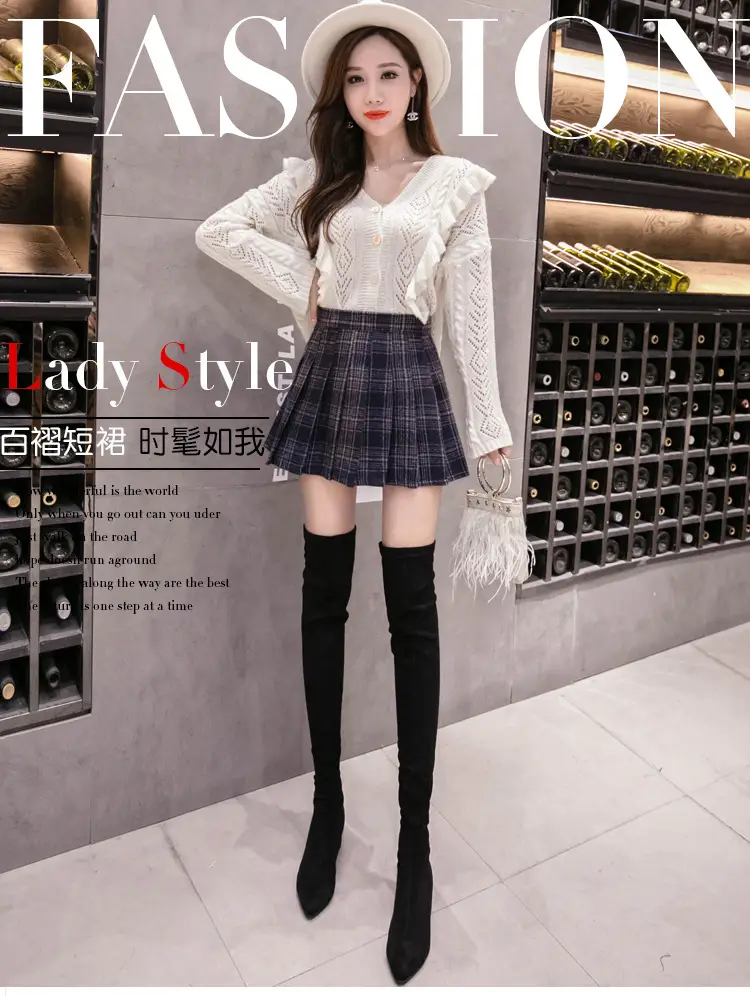 Women Wool Plaid Pleated Skirt Set Winter College — feature 1