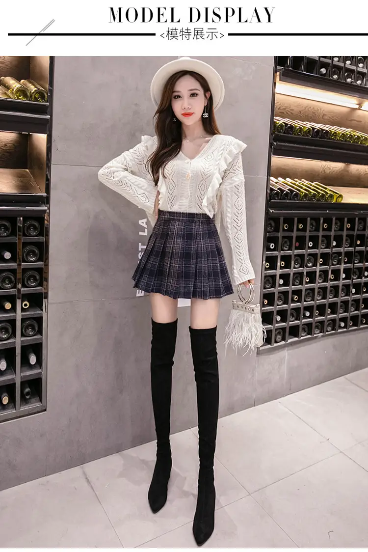 Women Wool Plaid Pleated Skirt Set Winter College — feature 11