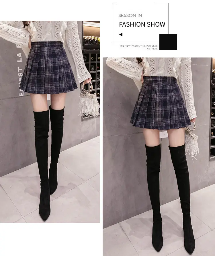 Women Wool Plaid Pleated Skirt Set Winter College — feature 15