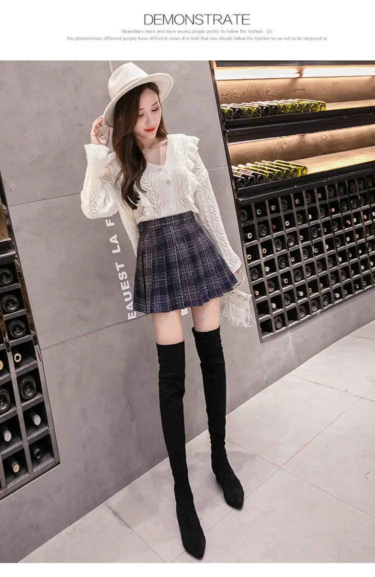 Women Wool Plaid Pleated Skirt Set Winter College — feature 16