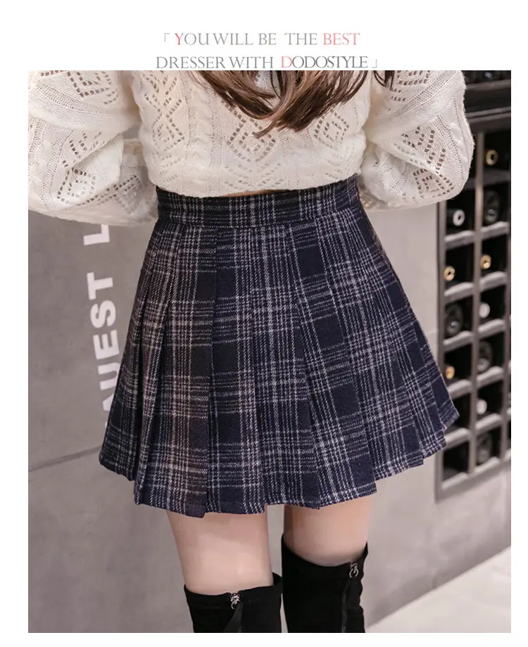Women Wool Plaid Pleated Skirt Set Winter College — feature 17