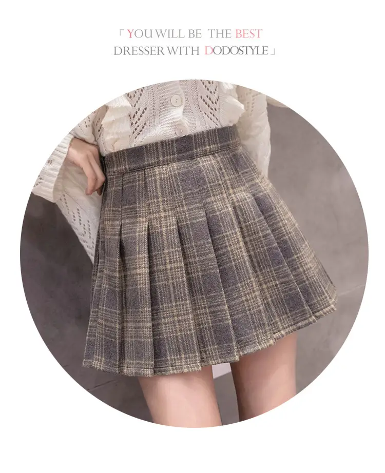 Women Wool Plaid Pleated Skirt Set Winter College — feature 19