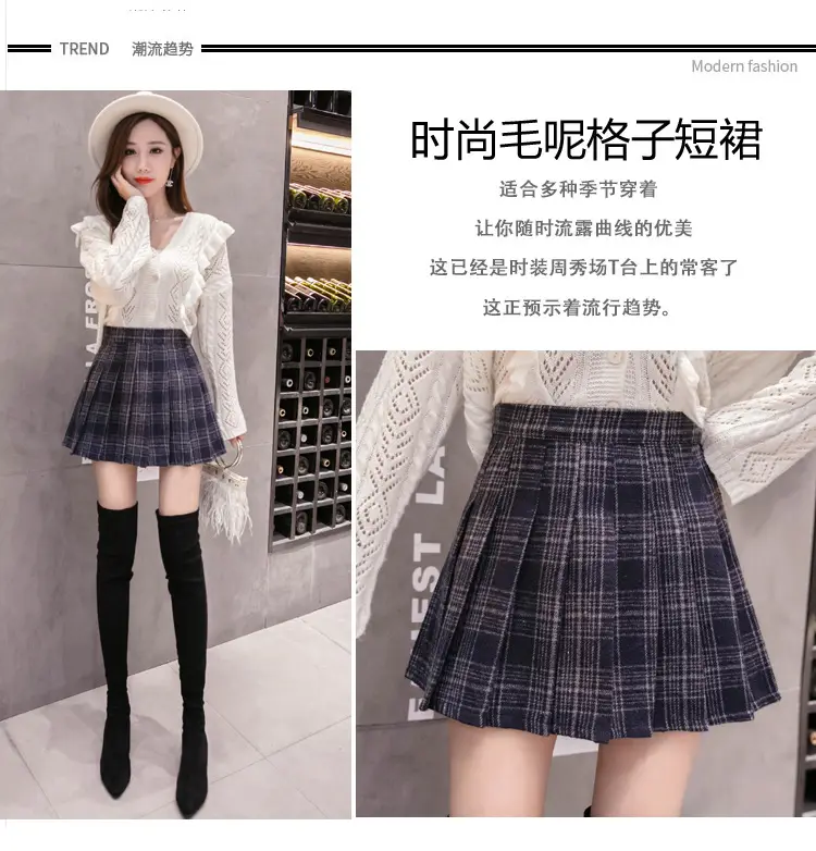 Women Wool Plaid Pleated Skirt Set Winter College — feature 2