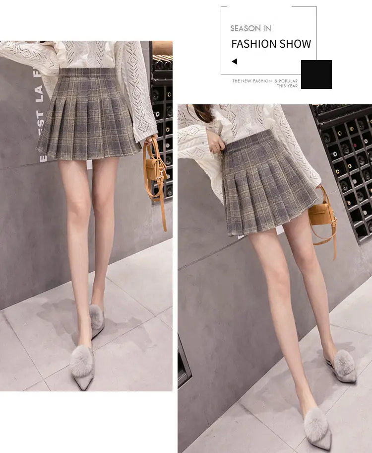 Women Wool Plaid Pleated Skirt Set Winter College — feature 20