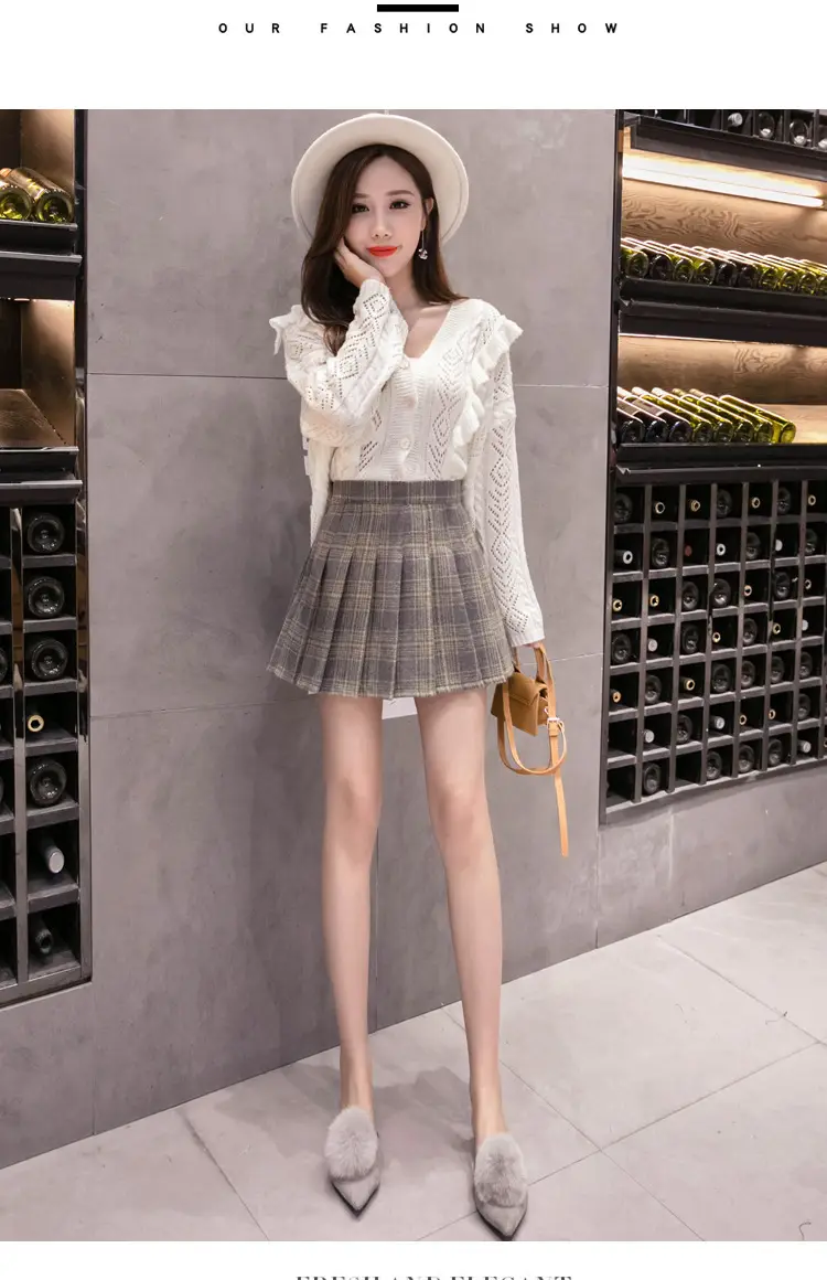 Women Wool Plaid Pleated Skirt Set Winter College — feature 21