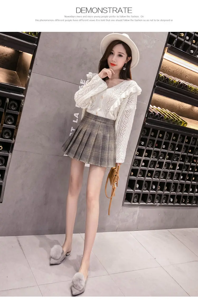 Women Wool Plaid Pleated Skirt Set Winter College — feature 23