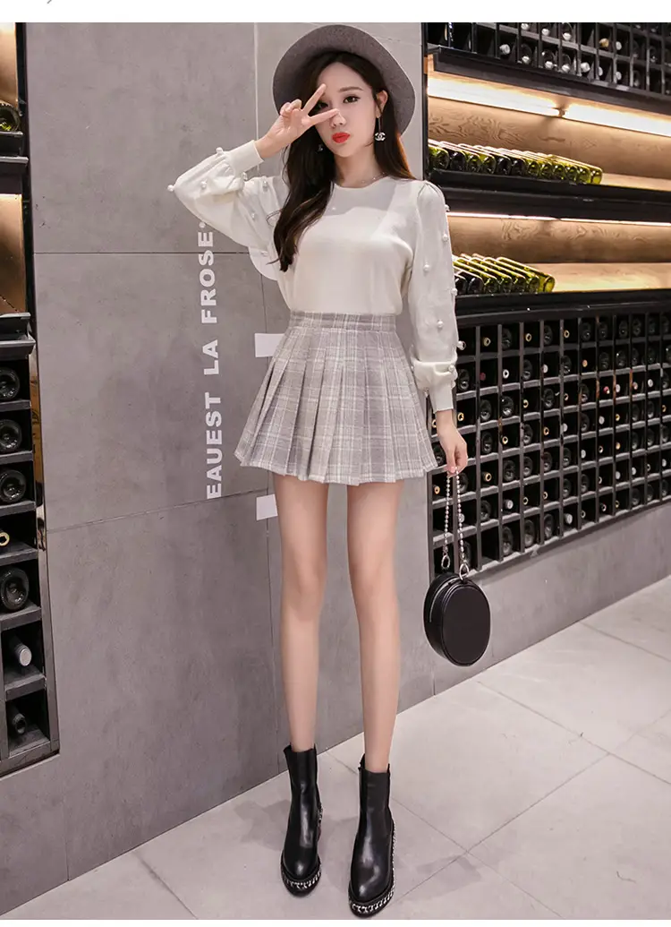 Women Wool Plaid Pleated Skirt Set Winter College — feature 25
