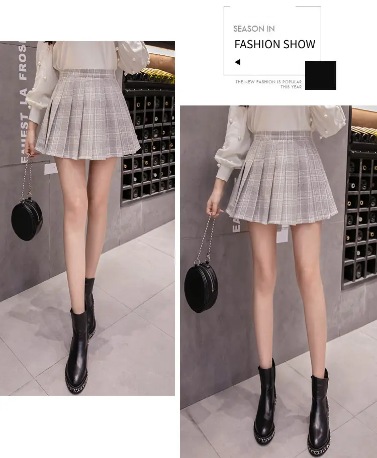Women Wool Plaid Pleated Skirt Set Winter College — feature 27