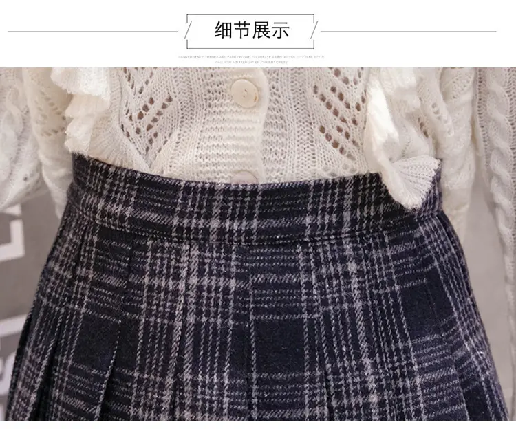 Women Wool Plaid Pleated Skirt Set Winter College — feature 32