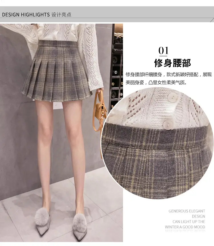 Women Wool Plaid Pleated Skirt Set Winter College — feature 4